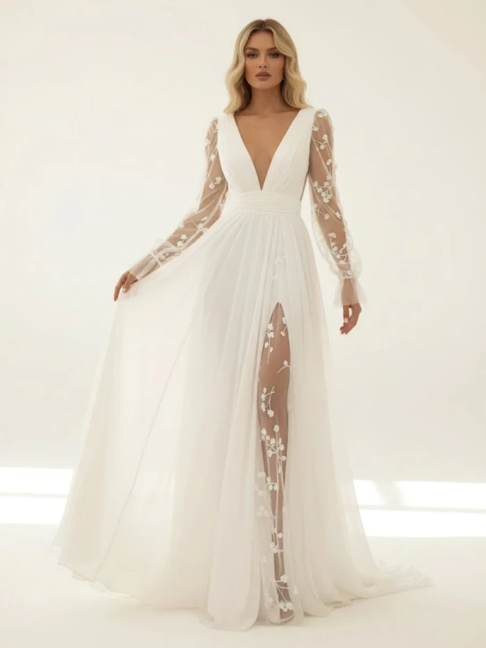 Herneith | Long Sleeve Boho Flowy Wedding Dress Lace A-Line V-Neck Beach Gown with Split Front and Sweep Train