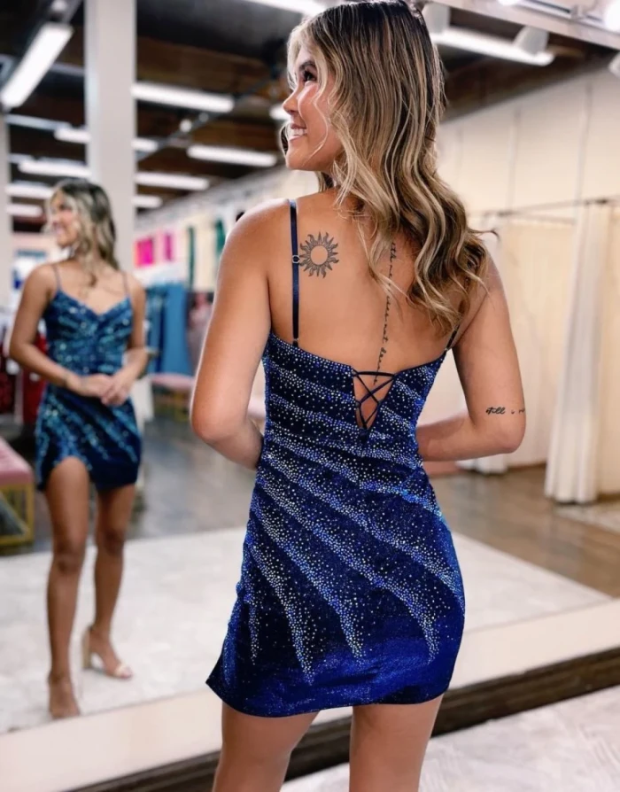 Hannah | Royal Blue Bodycon Sequins Spaghetti Straps Glitter Mini Party Dresses
