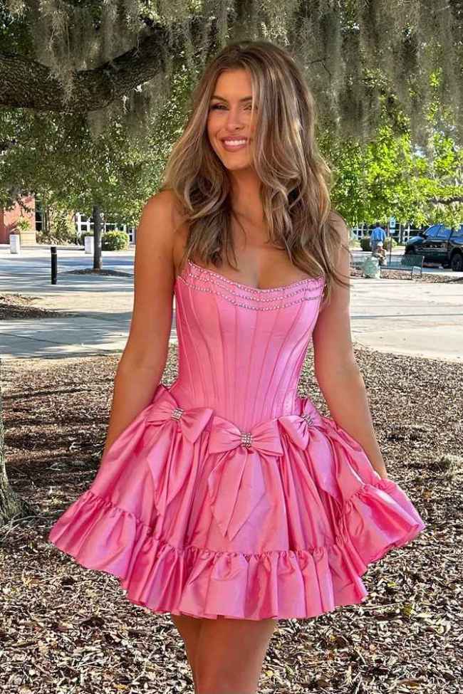 Jamila | Strapless Black Beaded Short Homecoming Dress with Bow