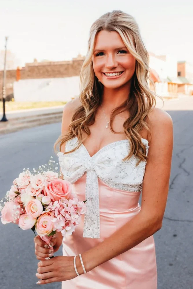 Gwenny | Pink - Mermaid Satin Strapless Long Prom Dresses with Beaded Bow