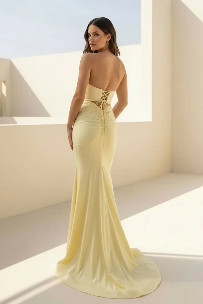 Isalyn | Yellow - Strapless Mermaid Satin Long Prom Dresses With Cutout