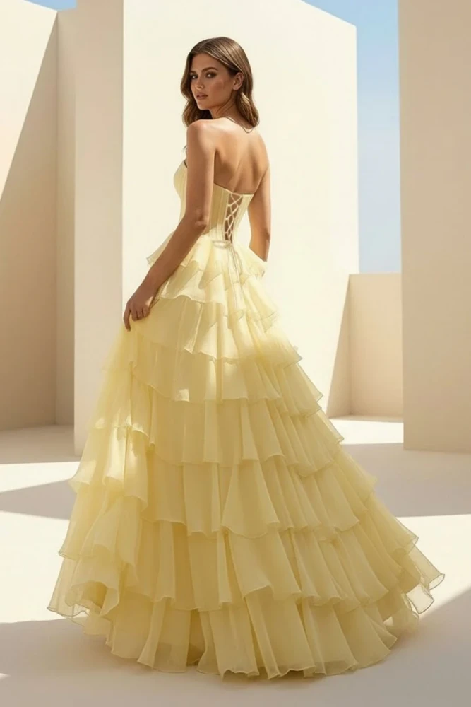 Haliah | Pink - Strapless A Line Chiffon Tiered Prom Dresses With Appliques