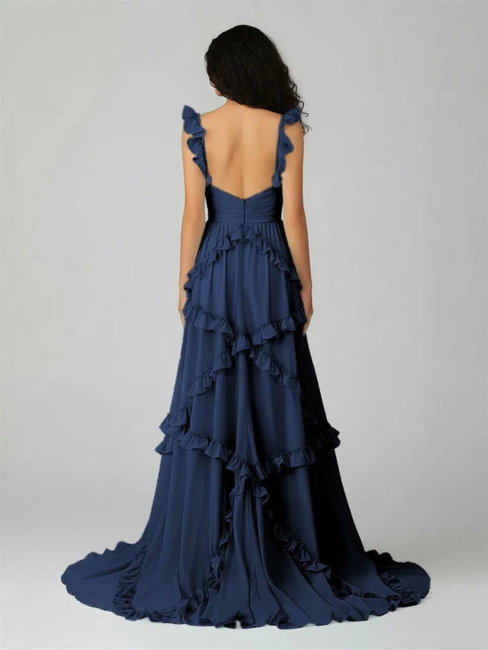 Hubery | A-Line Straps Sky Blue Chiffon Ruffles Long Prom Dress