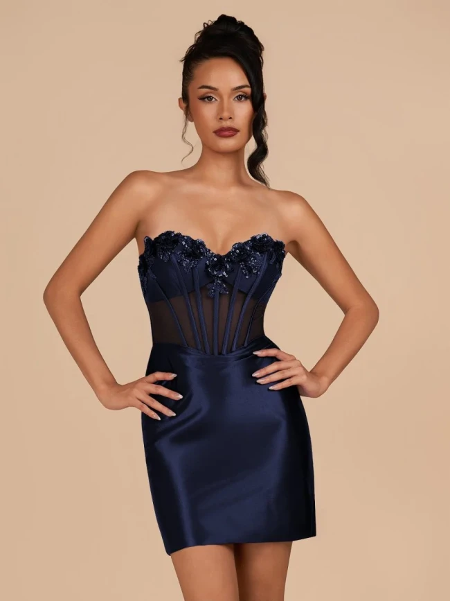 Indie | Navy Blue Bodycon Satin Sweetheart Corset Homecoming Dress with Sequined Flowers | KissProm