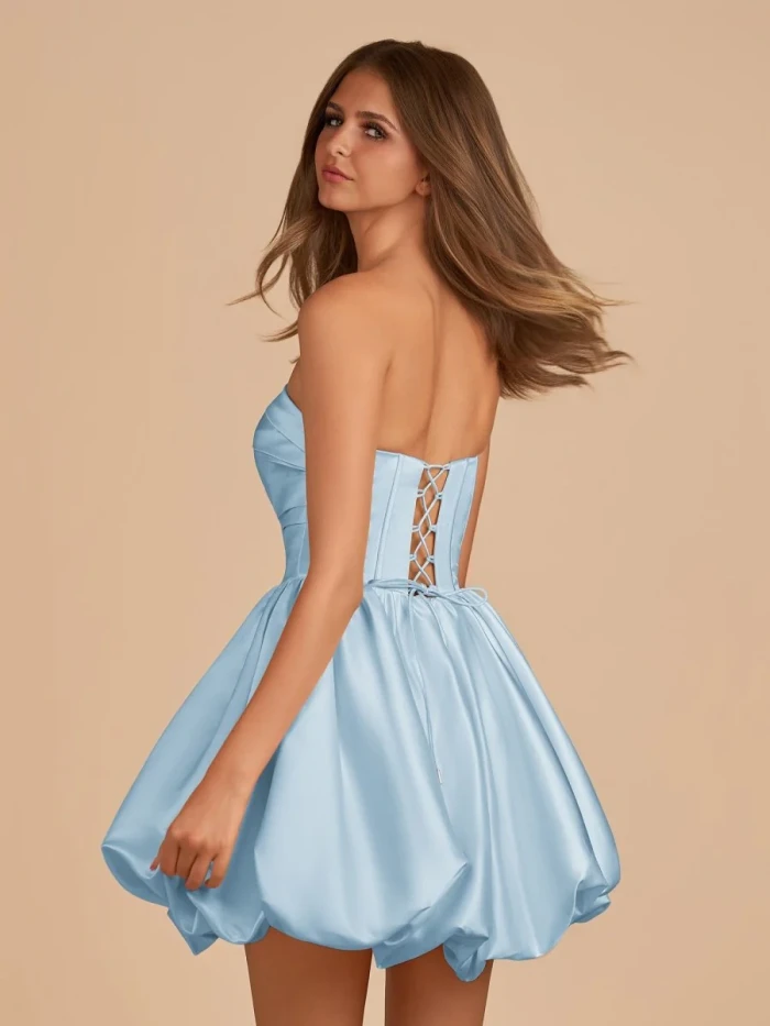Jani | Sky Blue - A Line Strapless Satin Bubble Hem Short Homecoming Dresses