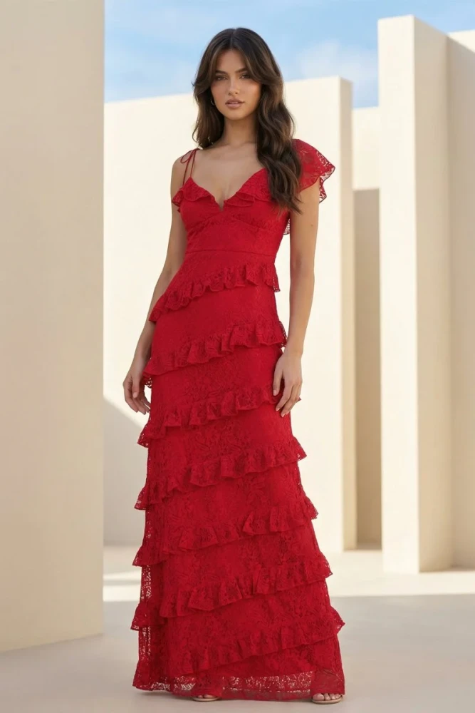 Iverie | Red Sheath V Neck Lace Long Prom Dresses With Ruffles