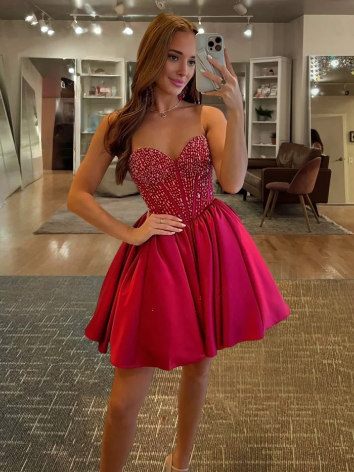Hira | Red - Strapless Satin A Line Short Homecoming Dresses With Beading
