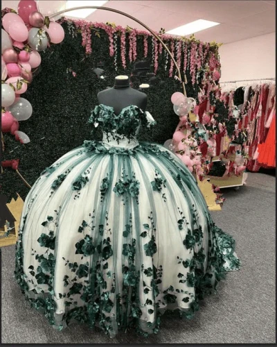 Green Ball Gown Off Shoulder 3D Flowers Beads Applique Quinceanera Dresses