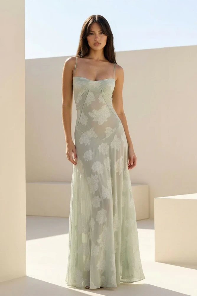 Imre | Pink - Sheath Satin Floral Spaghetti Straps Long Prom Dresses