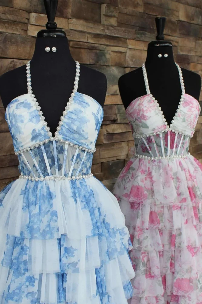Inari | Blue – A Line Floral Tulle Halter Long Prom Dress with Ruffles and Beading
