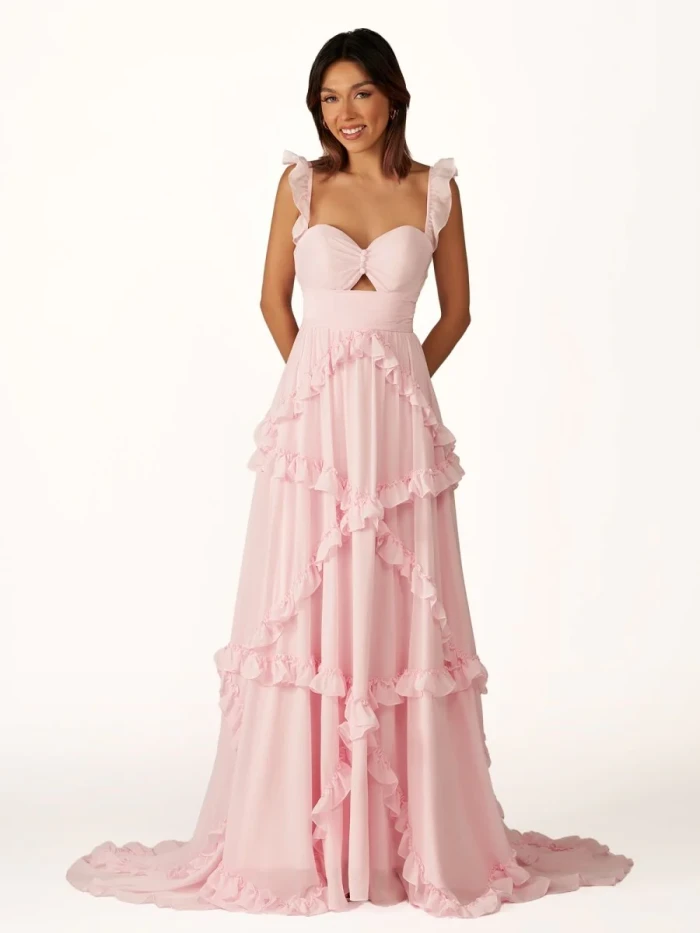 Hubery | A-Line Straps Sky Blue Chiffon Ruffles Long Prom Dress