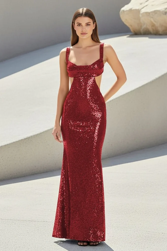 Inoria | Dark Green - Scoop Neck Mermaid Sequins Long Prom Dresses With Cutout
