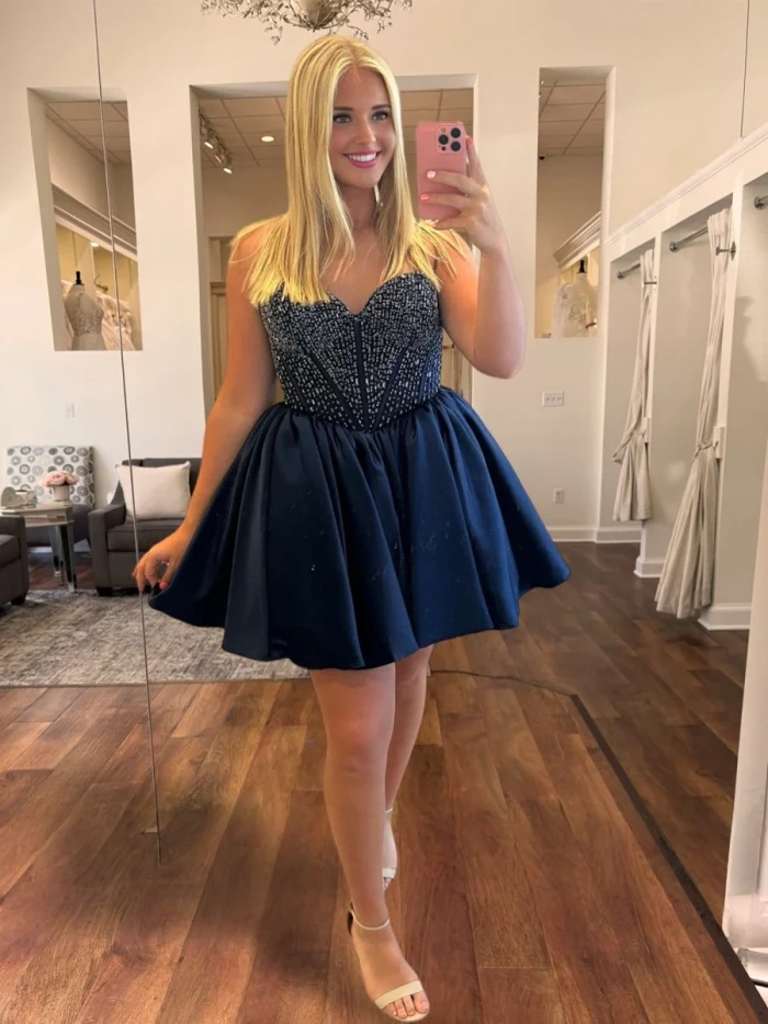 Hira | Navy Blue - Strapless Satin A Line Short Homecoming Dresses With Beading
