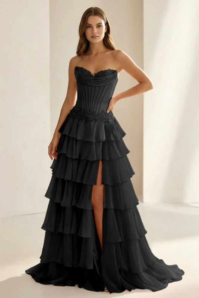 Jaleira | Pink - Sweetheart Chiffon Ruffled A Line Formal Prom Dresses With Appliques
