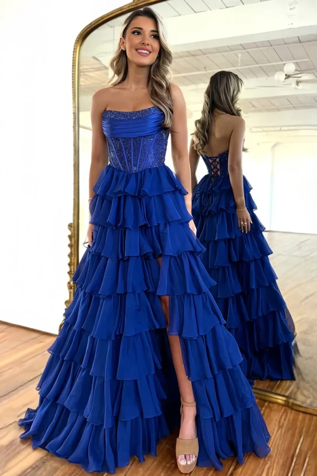 Hanya | Navy Blue - A Line Strapless Chiffon Beaded Corset Long Prom Dress With Slit