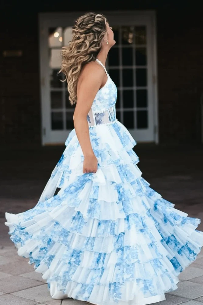 Inari | Blue – A Line Floral Tulle Halter Long Prom Dress with Ruffles and Beading