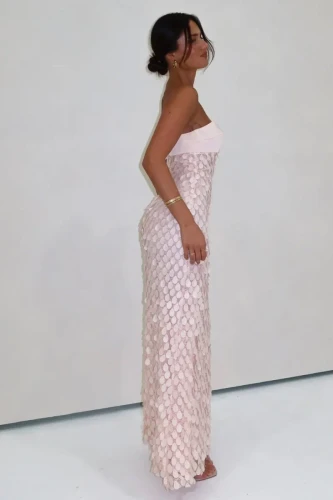 Islen | Pink - Sheath Strapless Long Prom Dresses with Sequins
