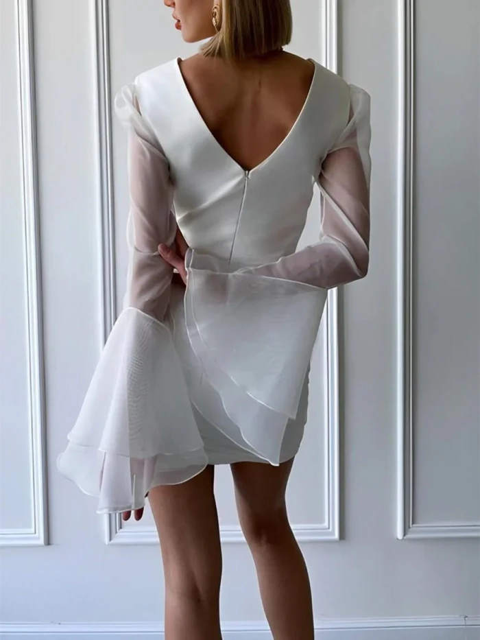 Herne | Sheath V-Neck Long Sleeves Short Mini Tulle Little White Wedding Dresses