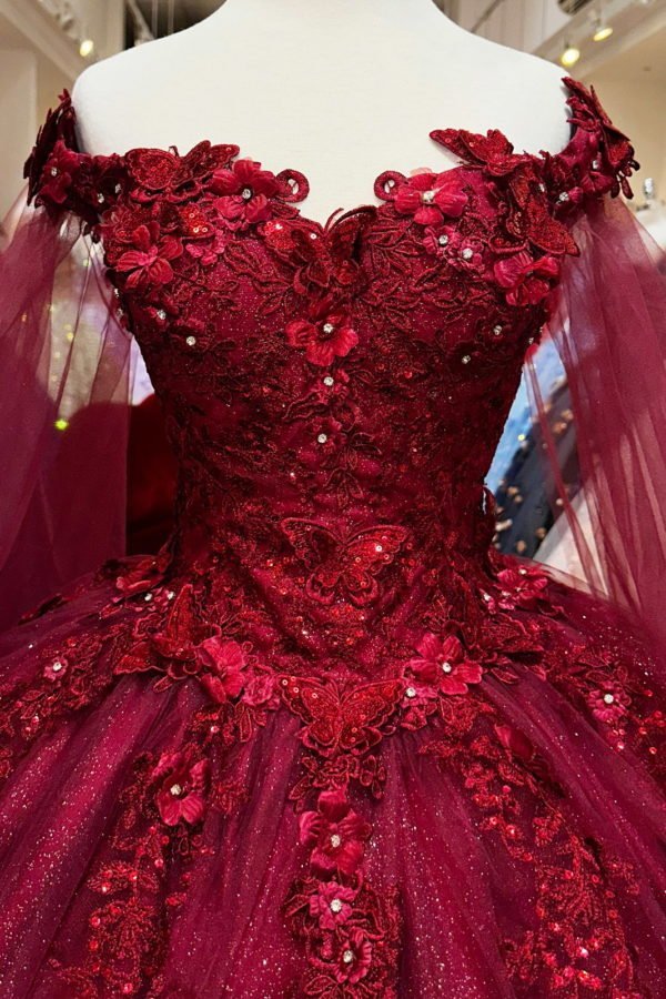Hilary | Red Long Sleeves 3D Flowers Quinceanera Dresses Appliqued