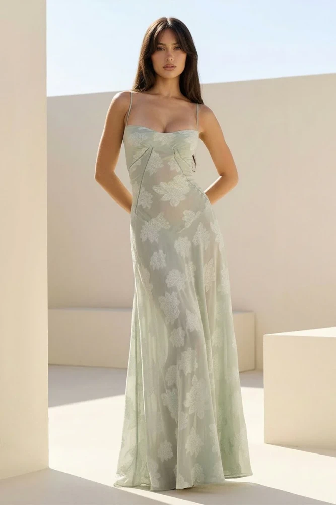Imre | Pink - Sheath Satin Floral Spaghetti Straps Long Prom Dresses