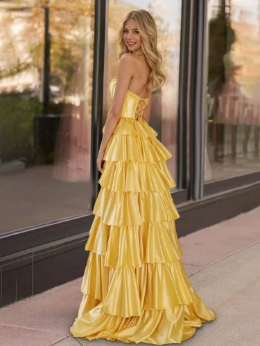 Indiana | Yellow Strapless Satin Ruffle Tiered Beaded A Line Prom Dresses