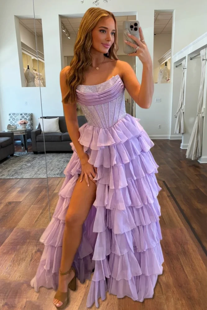 Hanya | Lavender - A Line Strapless Chiffon Beaded Corset Long Prom Dress With Slit