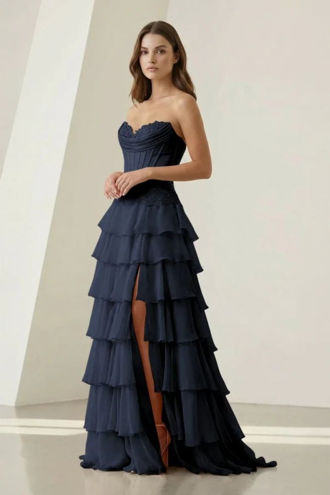 Jaleira | Pink - Sweetheart Chiffon Ruffled A Line Formal Prom Dresses With Appliques