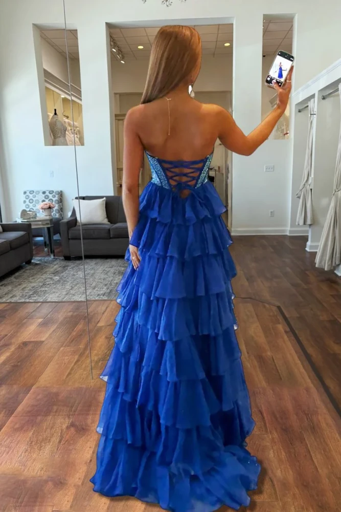Hanya | Royal Blue - A Line Strapless Chiffon Beaded Corset Long Prom Dress With Slit
