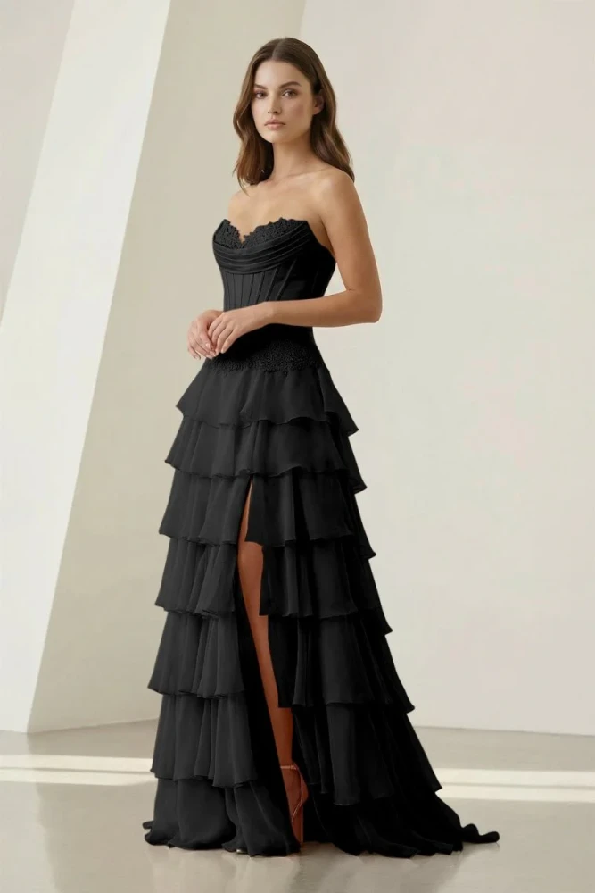 Jaleira | Pink - Sweetheart Chiffon Ruffled A Line Formal Prom Dresses With Appliques