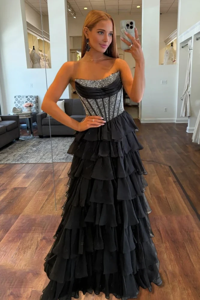Hanya | Black - A Line Strapless Chiffon Beaded Corset Long Prom Dress With Slit