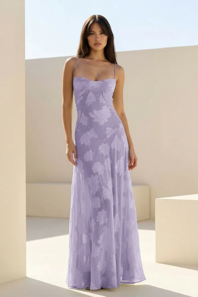 Imre | Pink - Sheath Satin Floral Spaghetti Straps Long Prom Dresses