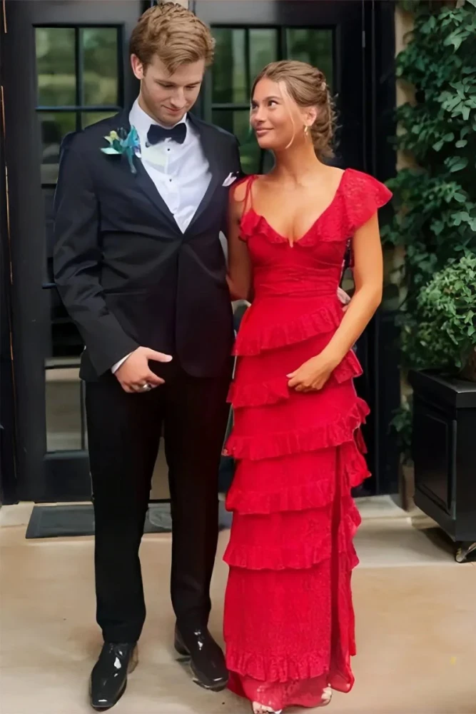 Iverie | Red Sheath V Neck Lace Long Prom Dresses With Ruffles