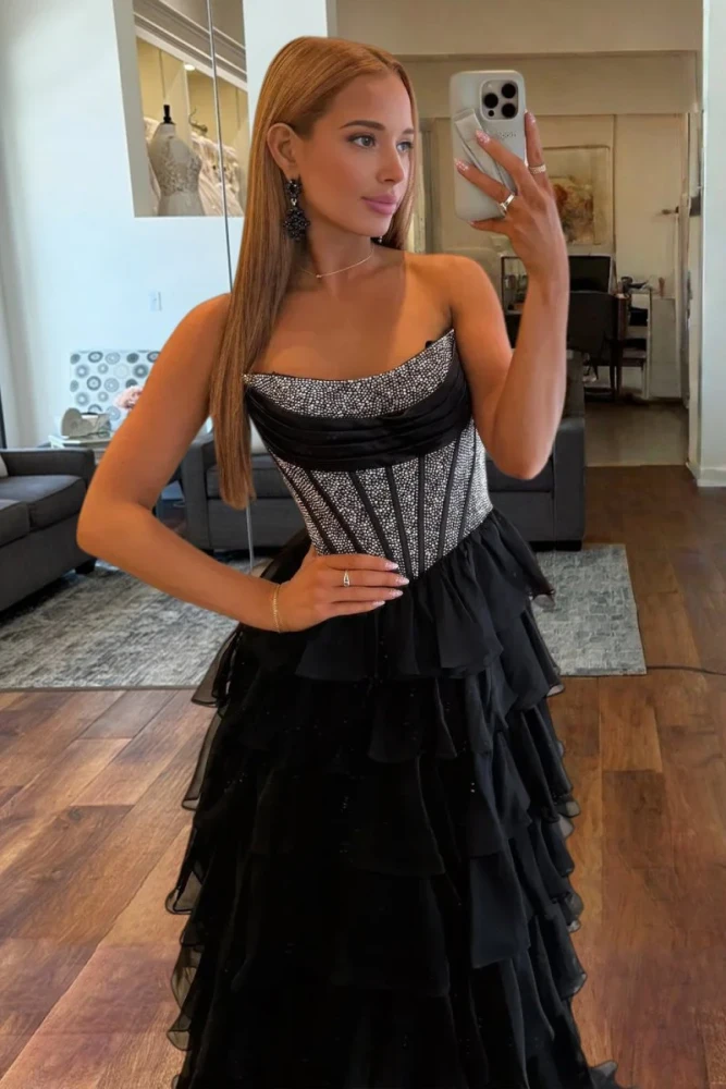Hanya | Black - A Line Strapless Chiffon Beaded Corset Long Prom Dress With Slit
