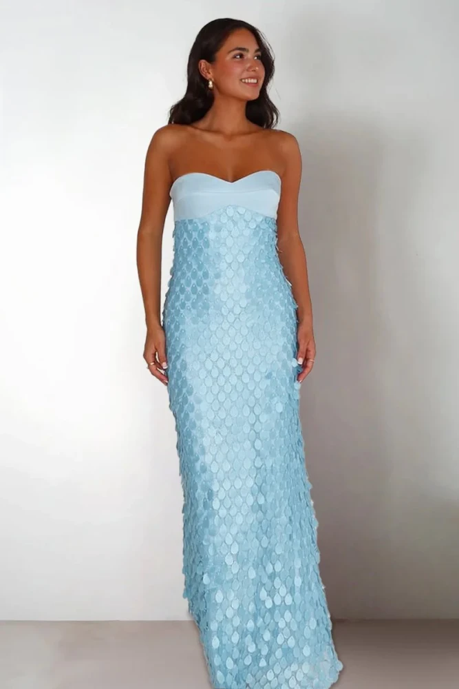 Islen | Blue - Sheath Strapless Long Prom Dresses with Sequins