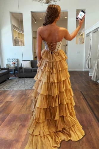 Hanya | Gold - A Line Strapless Chiffon Beaded Corset Long Prom Dress With Slit