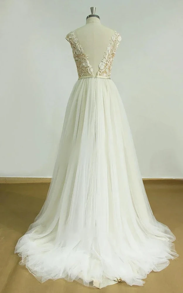 Illusion Deep V-Neck Open Back Tulle Lace Appliques Wedding Dress with Sweep Train