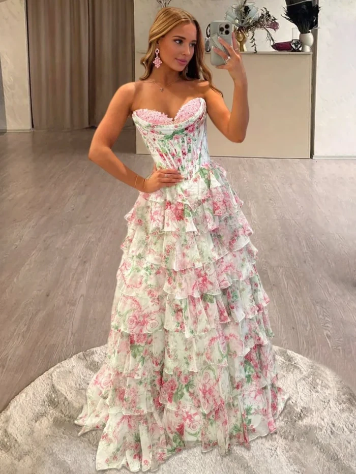 Haruko | A-Line Blush Strapless Chiffon Floral Ruffled Prom Dress With Slit