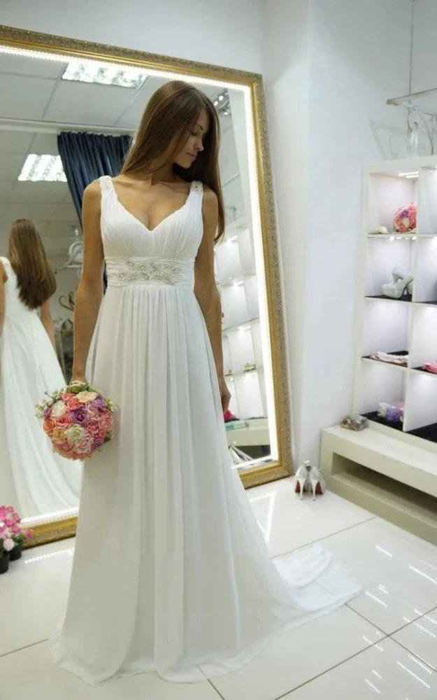 Greek Empire Strapped V-Neck Empire Chiffon Weddig Dress
