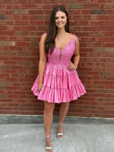 Heliodor | Pink - V Neck Satin A Line Ruffles Homecoming Dresses With Appliques