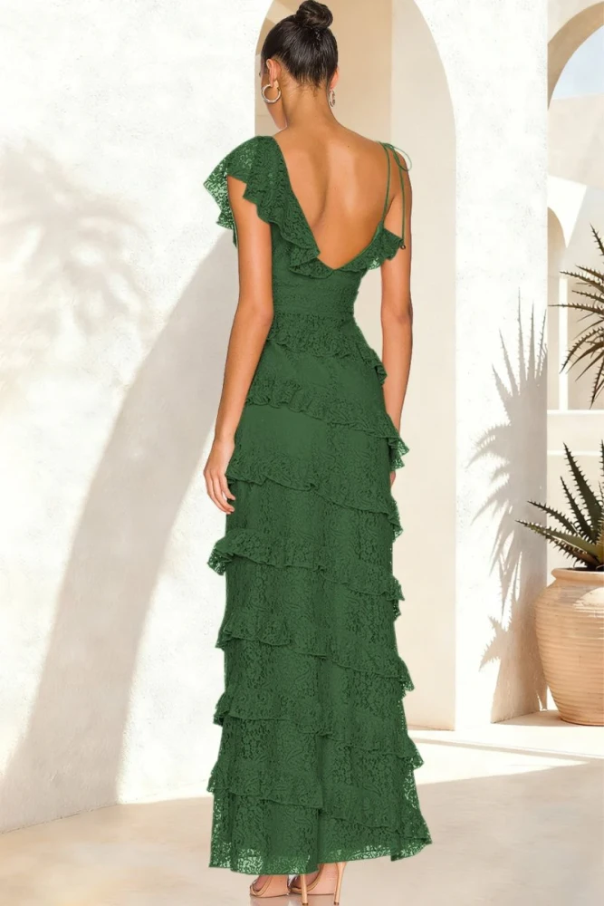 Iverie | Red Sheath V Neck Lace Long Prom Dresses With Ruffles