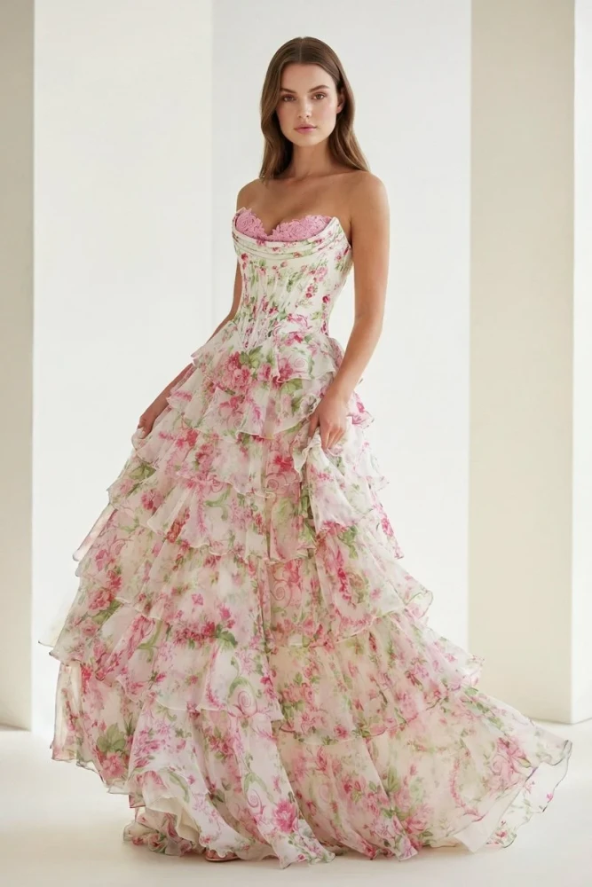 Haruko | A Line Floral Blush Tiered Chiffon Long Corset Prom Dress with Slit