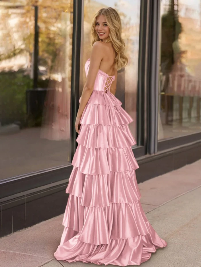 Indiana | Yellow Strapless Satin Ruffle Tiered Beaded A Line Prom Dresses