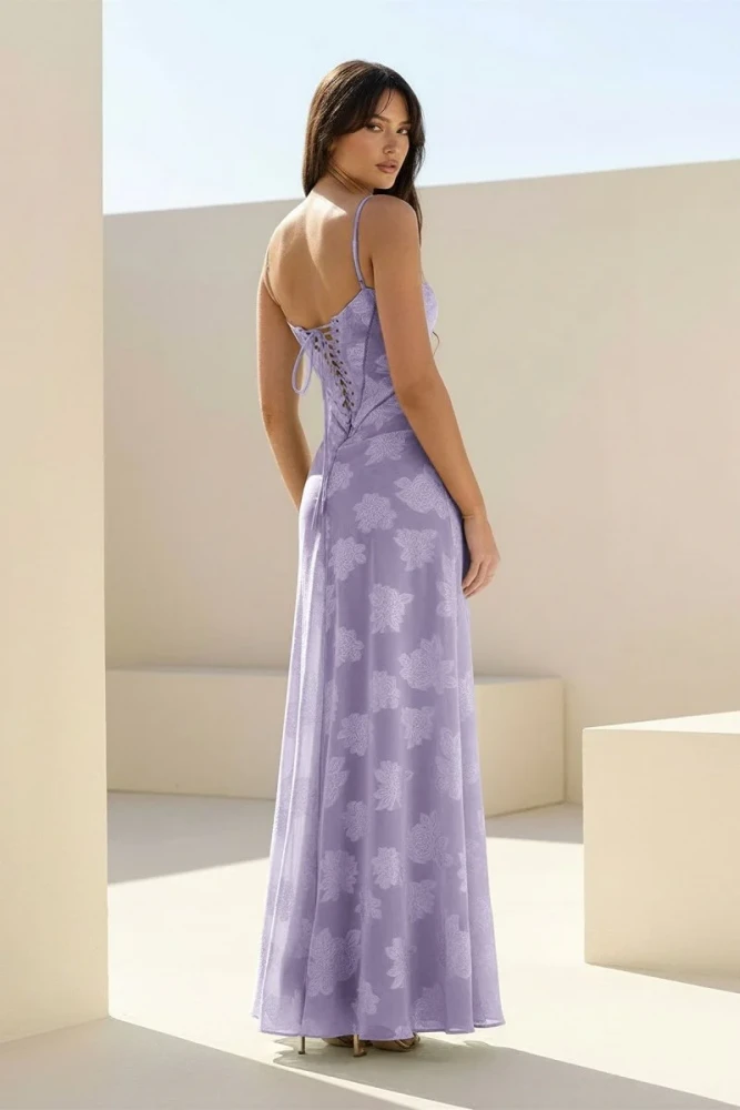 Imre | Pink - Sheath Satin Floral Spaghetti Straps Long Prom Dresses