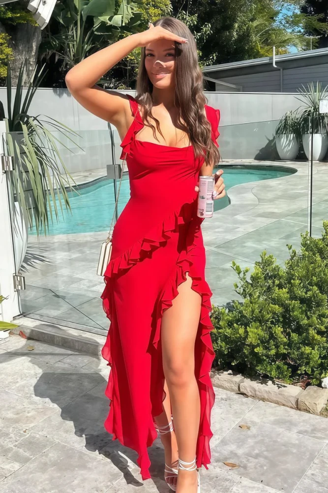 Hopkins | Red - Square Neck Sheath Satin Ruffled Prom Dresses With Slit