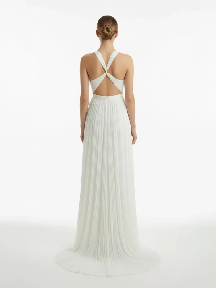 Iolana | Sheath Halter Chiffon Plaited Dress With Special Back Design