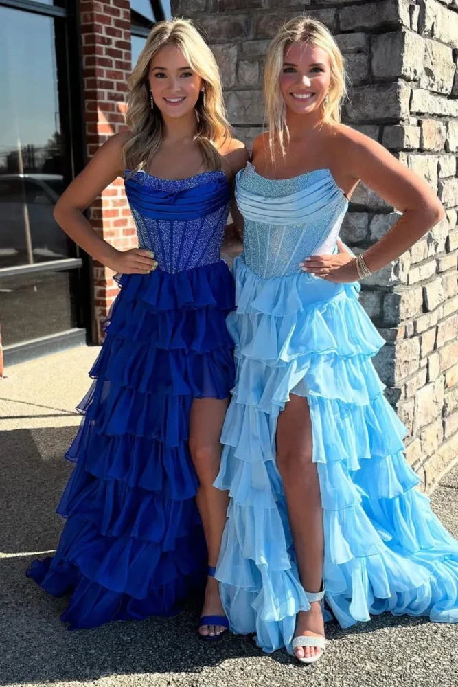 Hanya | Royal Blue - A Line Strapless Chiffon Beaded Corset Long Prom Dress With Slit