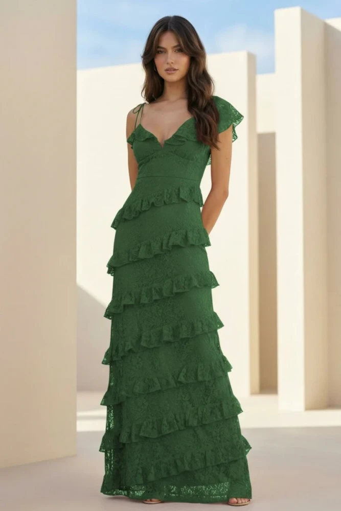 Iverie | Red Sheath V Neck Lace Long Prom Dresses With Ruffles