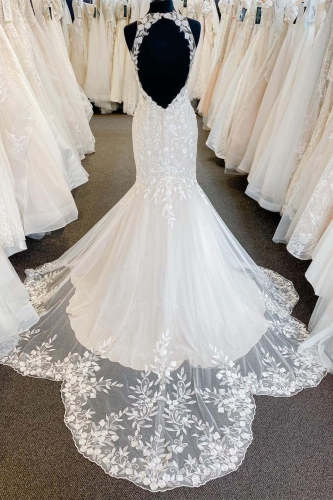 Halter Appliqued White-Nude Mermaid Lace Wedding Dress