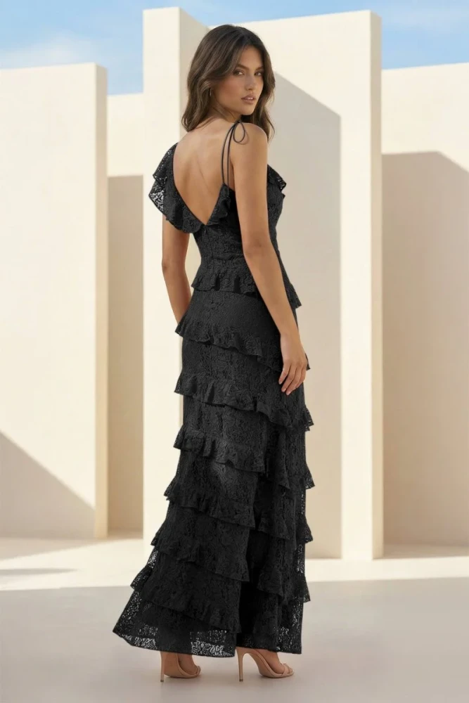 Iverie | Red Sheath V Neck Lace Long Prom Dresses With Ruffles