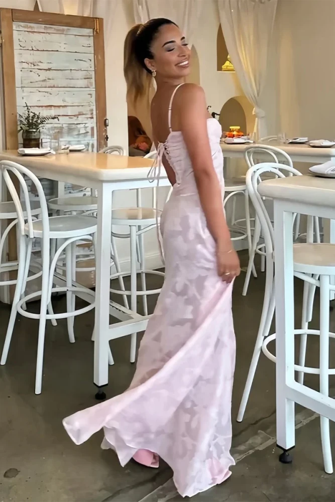 Imre | Pink - Sheath Satin Floral Spaghetti Straps Long Prom Dresses